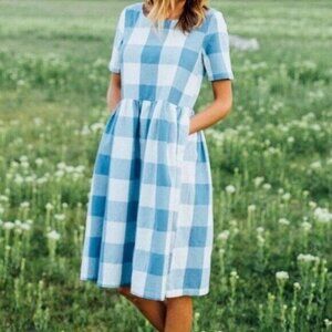 Clad + Cloth XS Blue Plaid Gingham Checkered Charlotte Picnic Dress NWT